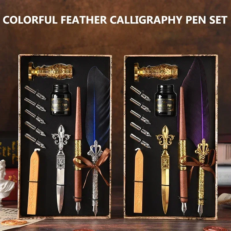 European Style Quill Pens Set with Ink New Retro Dipping Quill Pens Wholesale Lacquer Seal Student Dip Pencil Feather Pe-n Gifts