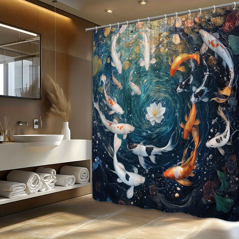 

1pc Serene Koi Fish Shower Curtin with White for Lotus Flower – Elegant Nature Design, Autumnal Hues, Reflective Dark Waters