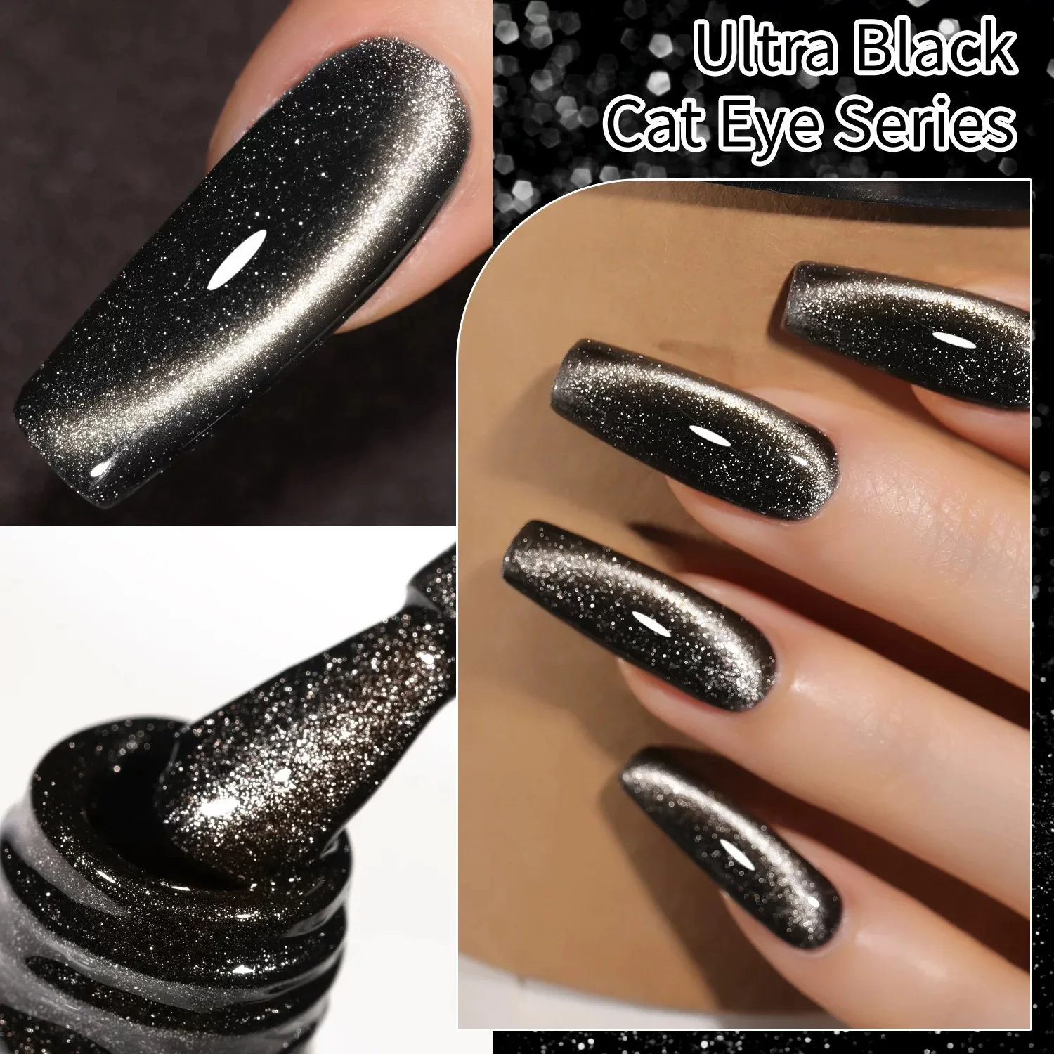 

TC 10ML Black Pearl Ultra Black Glass Bead Cat Eye Gel Nail Polish Llight Luxury Super flash Nail Salon Popular Color Nail Art