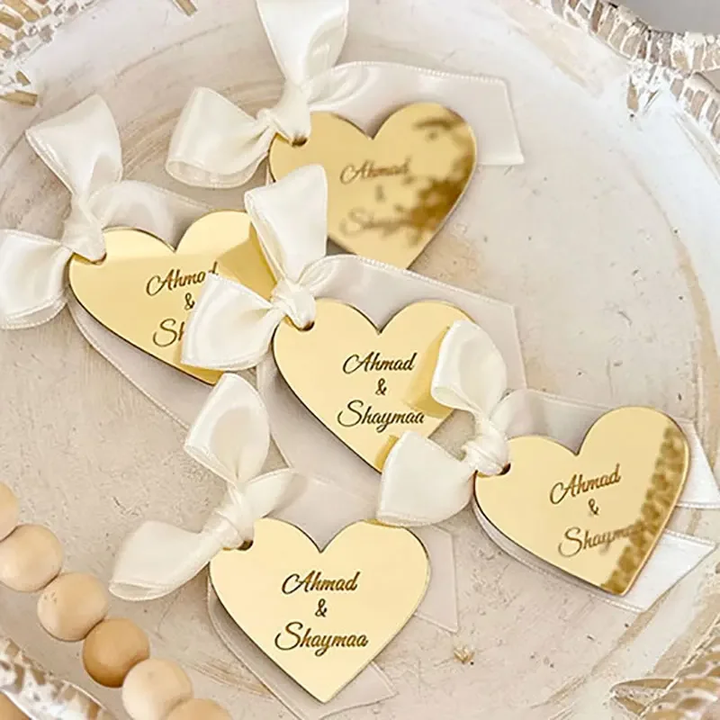 

Customized Gold Acrylic Mirror Wedding Heart Shaped Label Wedding Thank You Name Label Gift Decoration