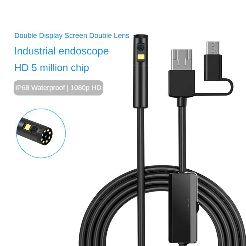 USB 산업용 내시경 카메라, 듀얼 렌즈, IP68 HD 보어스코프, 방수 검사 내시경, 7/9 LED 조명, 전화 PC용