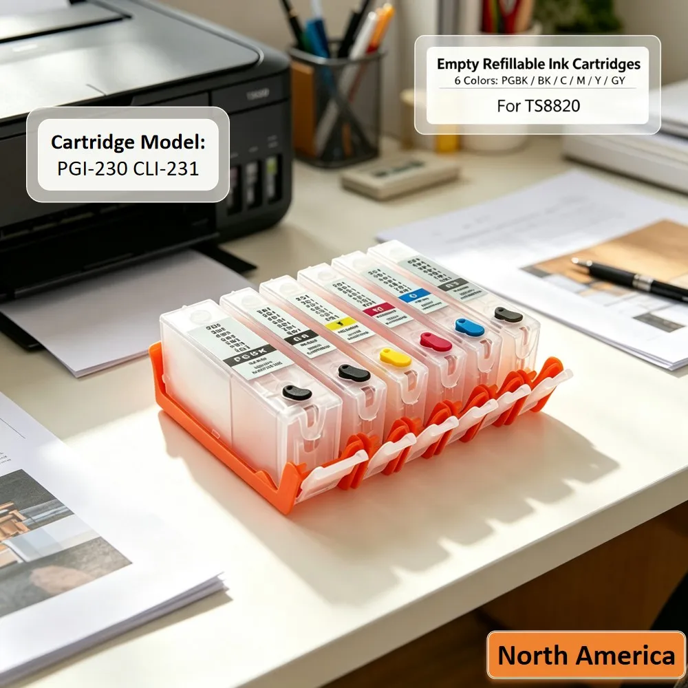 North America PGI-230 CLI-231 PGI 230 CLI 231 Empty Refill Ink Cartridge with chip for Canon PIXMA TS8820 Printer