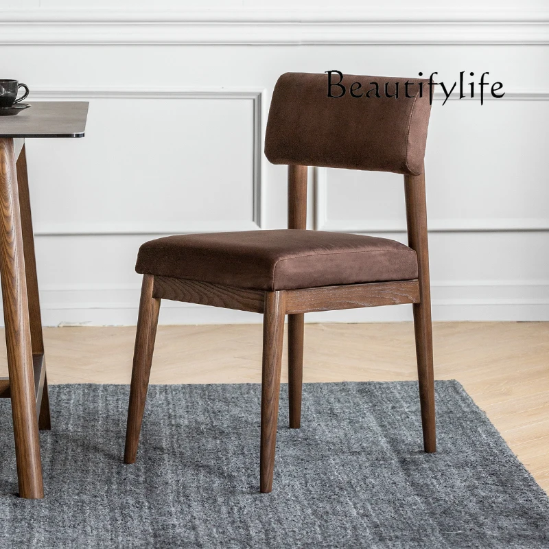 

Nordic matte leather solid wood dining chair designer minimalist leather fleece backrest high-end fashion