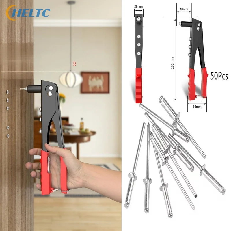 1PCS Set Riveter Tugas Berat, Pistol Rivet Pop Dan 50Pcs Kit Berbagai Jenis Rivet Buta Alat Tangan Alat Mur Rivet
