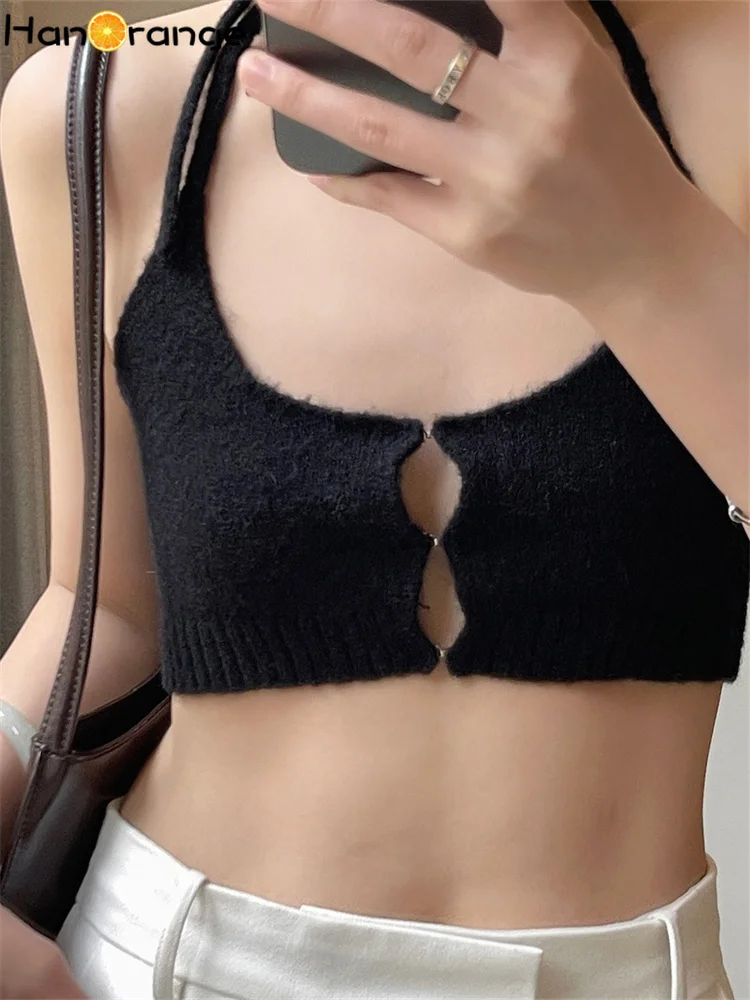 HanOrange Sexy Elastic Wool Knitted Supper Short Camis Women Summer 2026 Halter‌ Soft Glutinous Camisole Black/Purple/Gray White