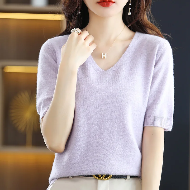 2022 Spring Summer Women\'s Cashmere Sweater Short sleeve V-Neck Pullover Casual Solid Color Short sleeve High Quality