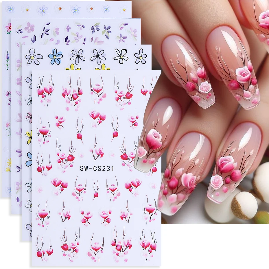 4 Stück Blumen-Nagelkunst-Aufkleber, Charm, einfache Rose, Gänseblümchen, Blütenblätter, Blumen, Blätter, DIY, 3D, selbstklebende Slider-Abziehbilder, Maniküre-Dekoration