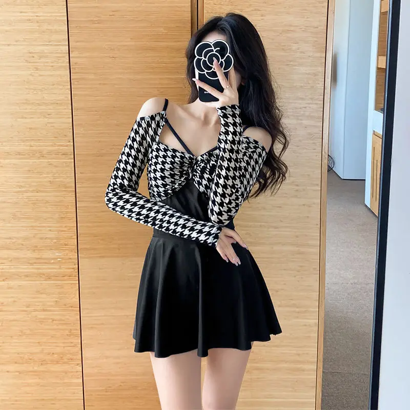 2023 New Summer Fashionable Premium Houndstooth Bow Neck Lace Up High Waist Covering Belly Sexy Spicy Girl Skirt Swimsuit