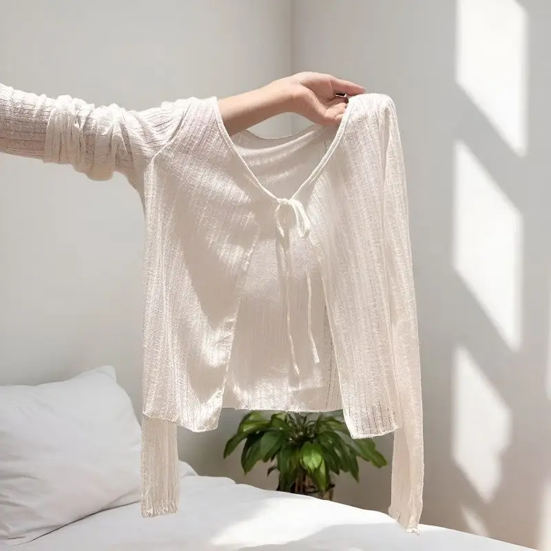 

White Thin Hollow out Knitted Summer Cardigan Women's Loose Short Outerwear Top Breathable V-Neck Long Sleeve Polyester Blend