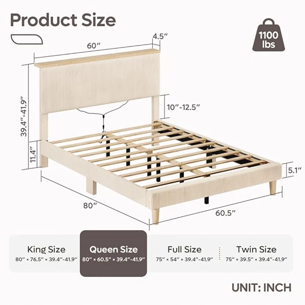 Corduroy Upholstered Bed Frame with Adjustable Vertical Channel Tufted Headboard, LED Platform Bed with Storage Shelf