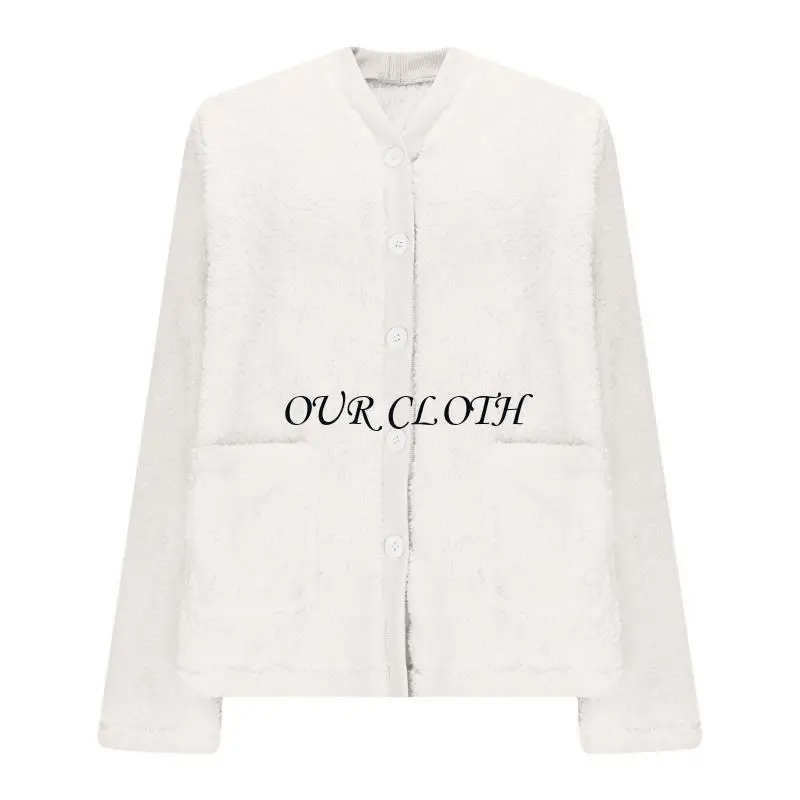 Casaco dormir lã macia feminino manga longa botão para baixo pijama pelúcia quente com bolsos para relaxamento interno