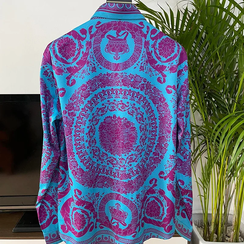 Long-sleeved shirts  pure purple printed men\'s shirts  light and light  can be worn outside  luxurious  wide  loose and casual