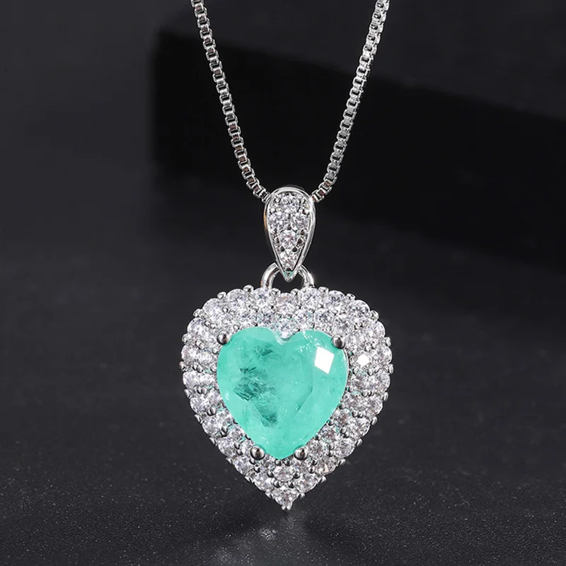 Luxury 925 Sterling Silver Paraiba Heart Necklace Earrings Ring for Women Girl Wedding Dinner Party Jewelry Set Anniversary Gift