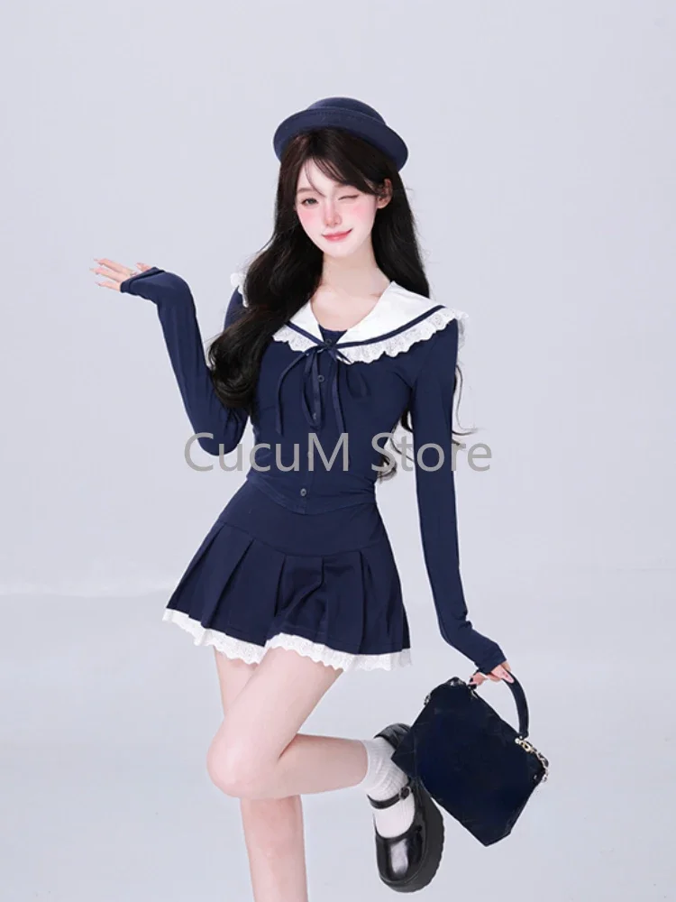 American Hot Girl Preppy Style Suit Slim Fit Knitted Tops + Casual Y2k Mini Skirt Sweet Clothing Uniform Korean Style Sets Chic