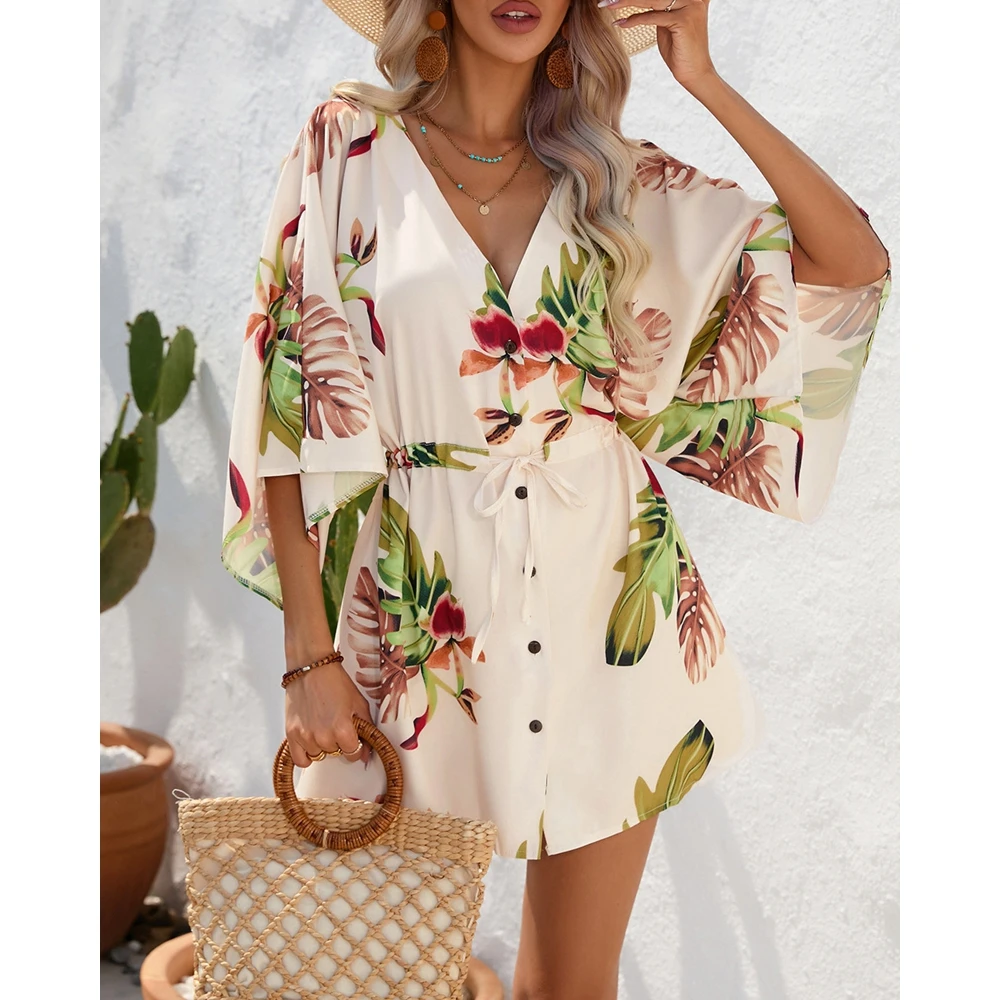 Casual Tropical Print Summer Dress Women V-Neck Buttoned Design Slim Waist Lace-Up Batwing Sleeve Boho Style Beach Dress Vestido