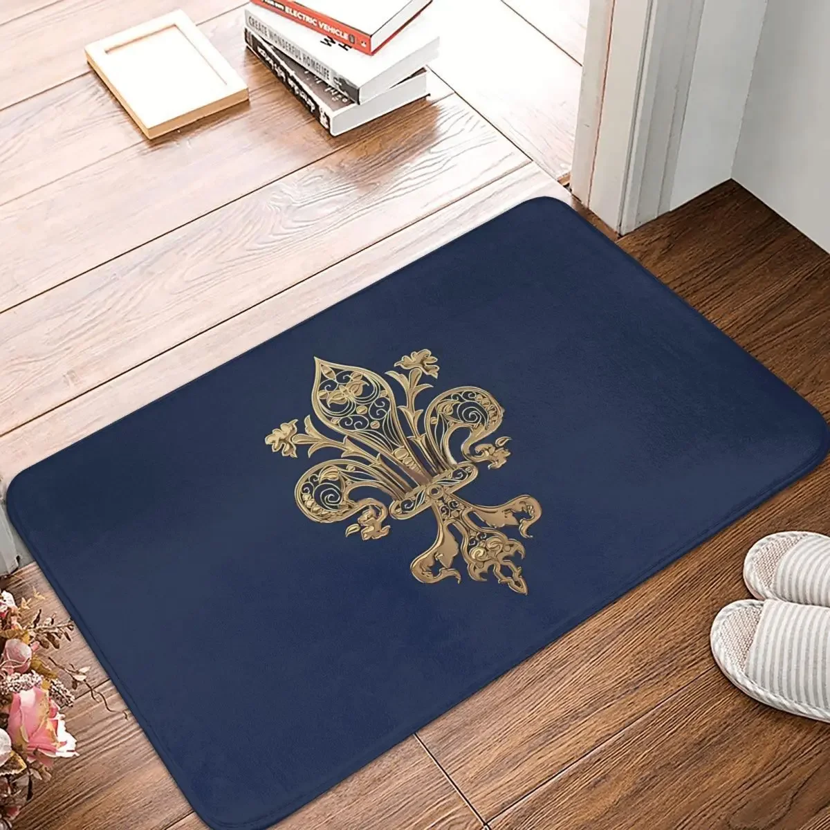 Fleur De Lys Bath Mat Gold Filigree Over Blue Velvet Rug Home Doormat Kitchen Carpet Balcony