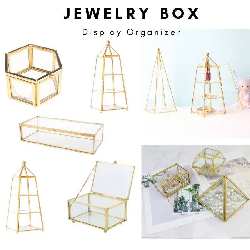 Glass Clear Vintage Jewelry Box - Golden Geometric Jewelry Display Organizer