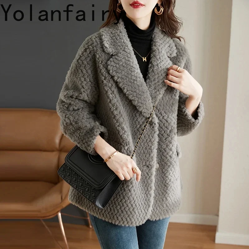 

2024 Elegant Granular Sheep Shearing Jacket Women Winter Autumn Lamb Fur Coat Korean Style 100% Wool Coats Kurtka Zimowa Damska