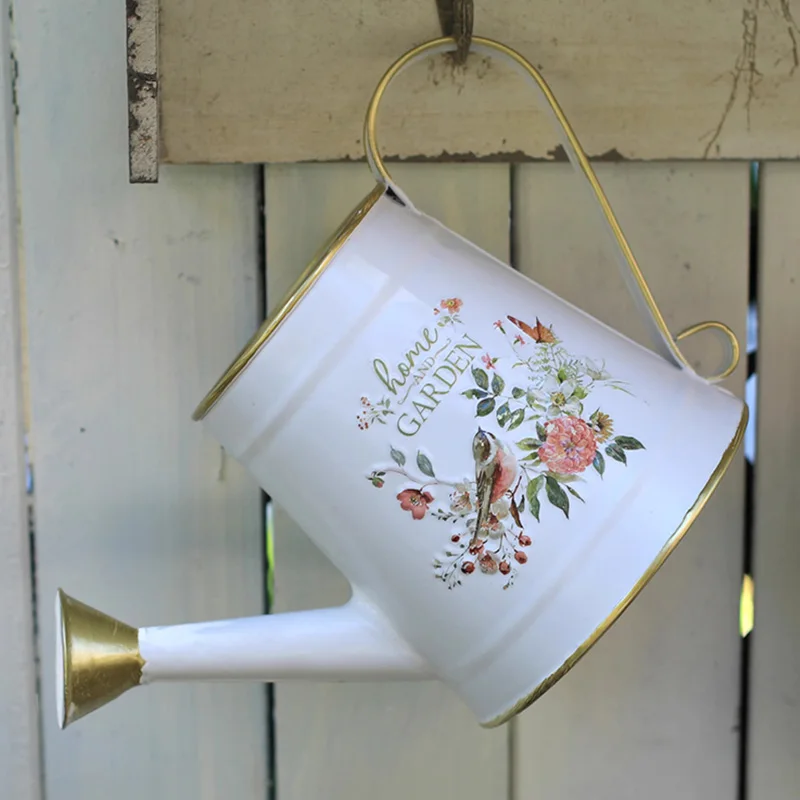 Vintage Home and Garden Decorative Watering Can, White Metal with Gold Trim, Floral Design, 11 x 6.5 x 5.5 Inches, 1.5L Capacity