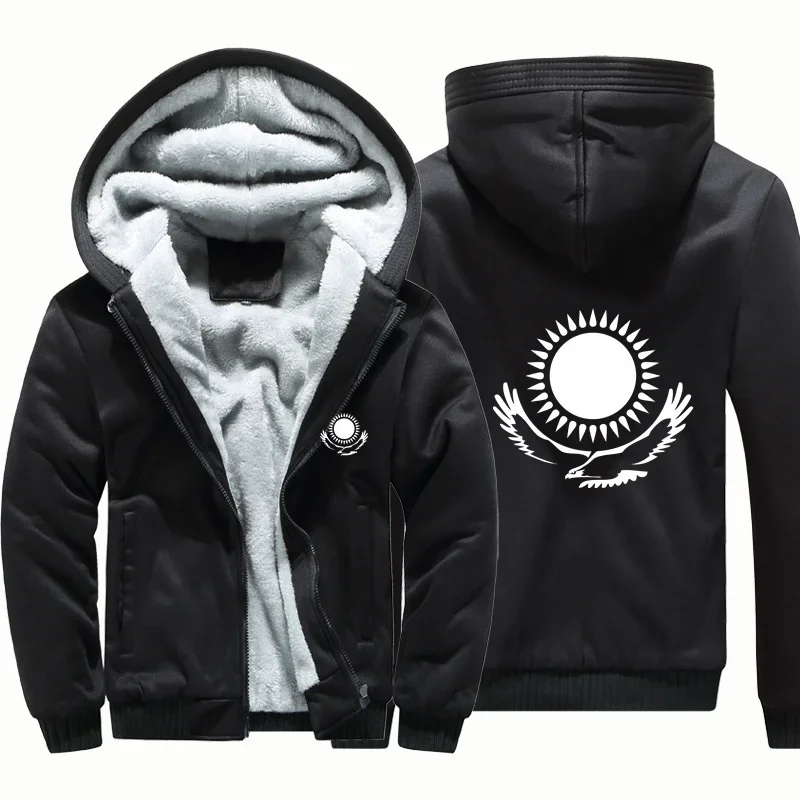 Moletons Masculinos com Capuz para Outono e Inverno, Quentes em Lã com Zíper, Jaquetas Grossas com Bandeira do Cazaquistão para Homens