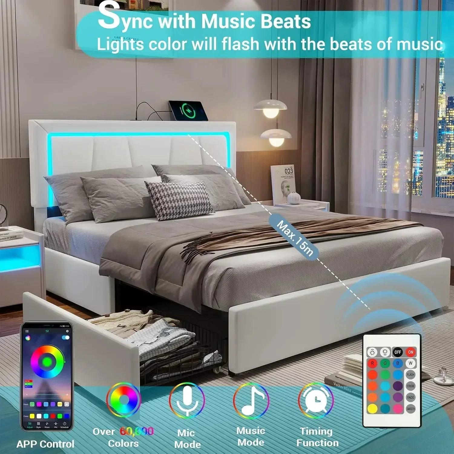 XMSJ-Sale Queen Bed Frame with 4 Storage Drawers, LED Light Platform Bed Queen Size with Charging Station