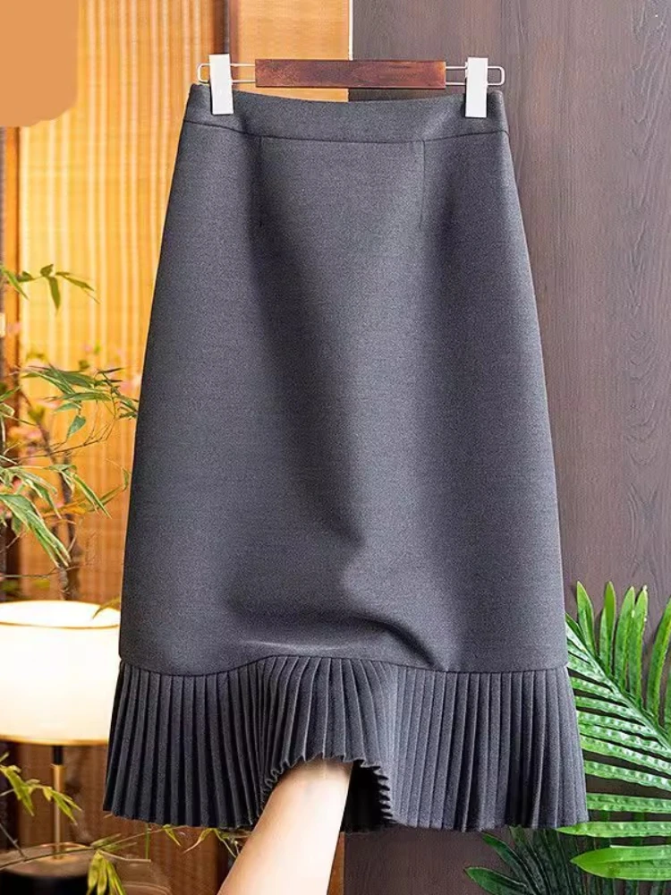 

Fashion All Match Skirts Solid Color Pleated Patchwork Design High Waist Skirt Female Slim Elegant Office Lady Women's Clothing