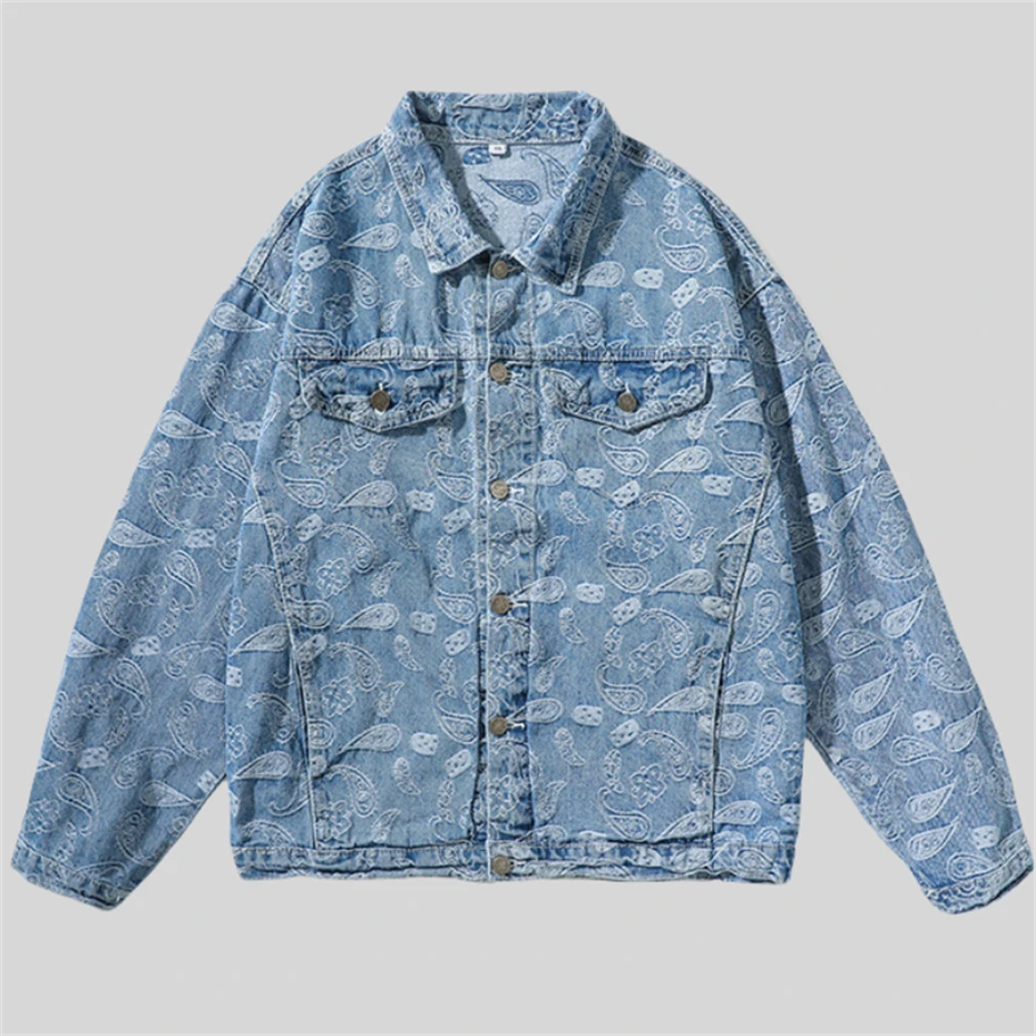 Men's Denim Jackets Harajuku Wash Paisley Print Jacket for Men Loose Casual Pocket Design Jacket Black Coats Mens Clothes