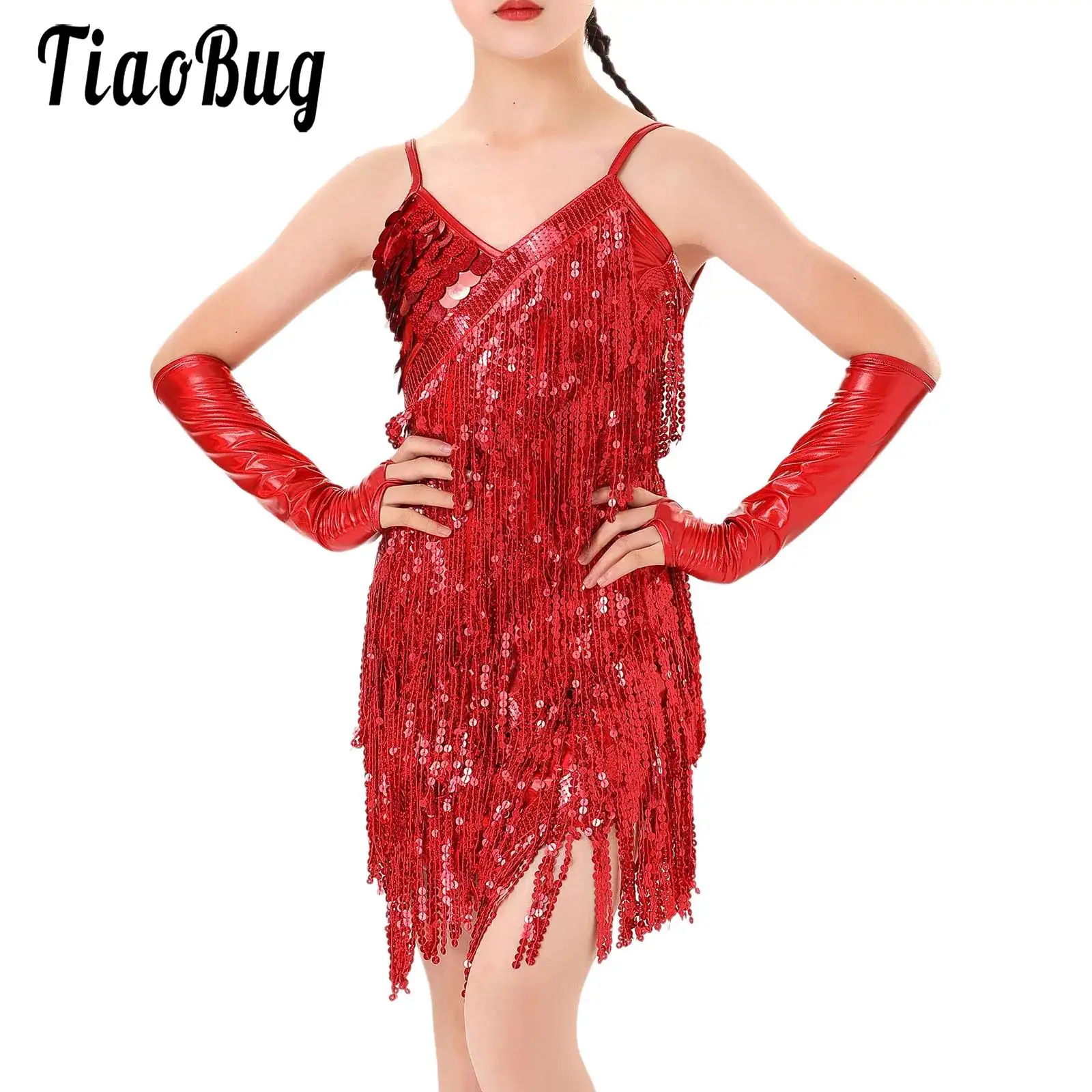 Sequin Fringe Dress for Girls Kids Sparkling Latin Jazz Dance Costume with Gloves Salsa Tango Modern Ballroom Tassel Dancewear