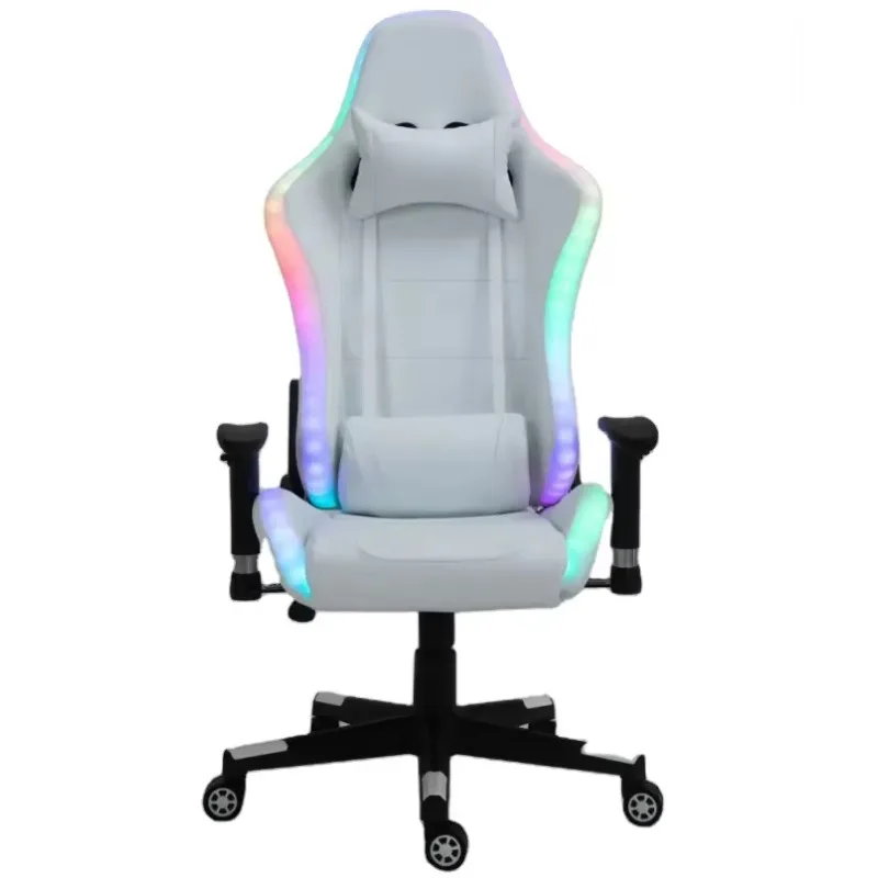 Kursi Gaming Komputer Kulit PU Putih Murah dengan Lampu LED dan Pijat, Dilengkapi Lampu dan Speaker