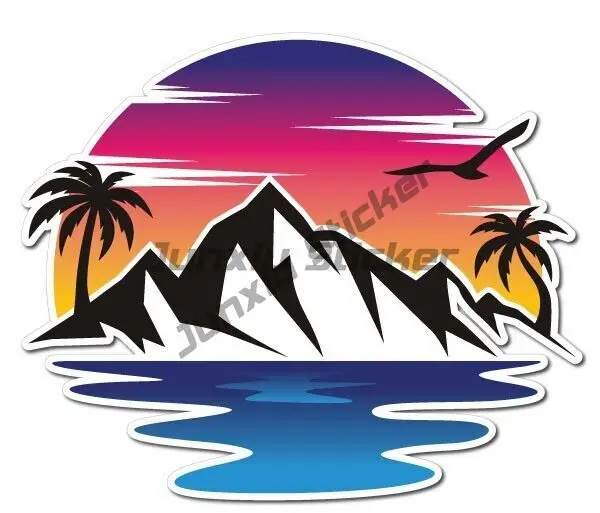 Colourful Sticker Decal with Palm Tree, Mountain and Sunset for Vehicle Off Road Helmets Motorcycles Auto Stickers Accessories