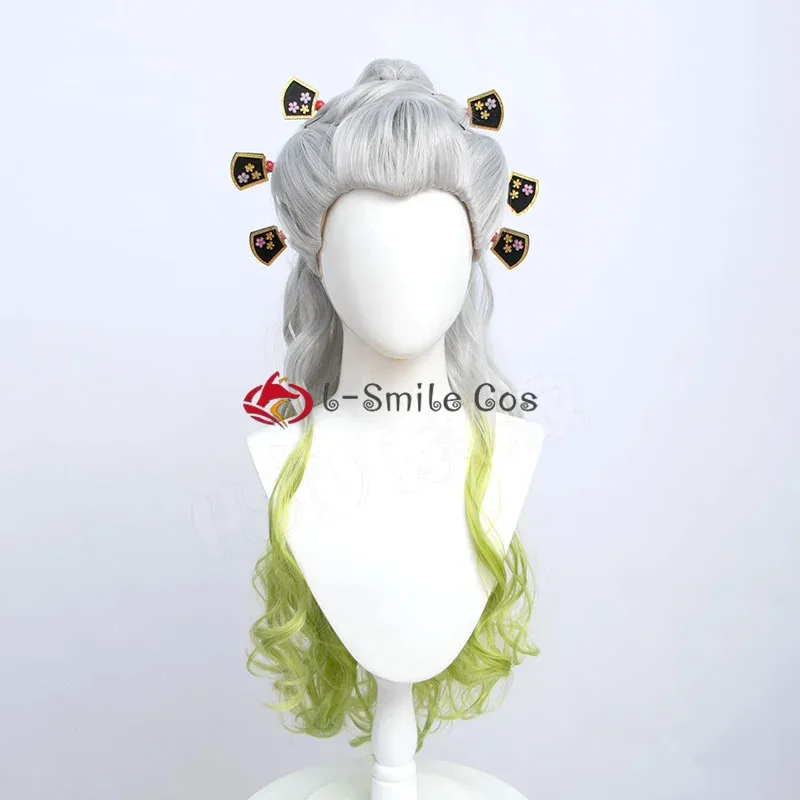 Anime Women Cosplay Silver Gradient Green Cruly Ponytail Daki Heat Resistant Synthetic Hair Party Wigs + Wig Cap