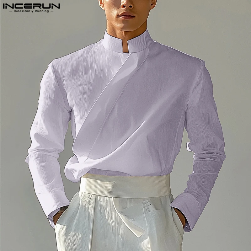 INCERUN Tops 2025 American Style Fashion New Men's Solid Simple Shirt Casual Streetwear Male All-match Long Sleeved Blouse S-5XL