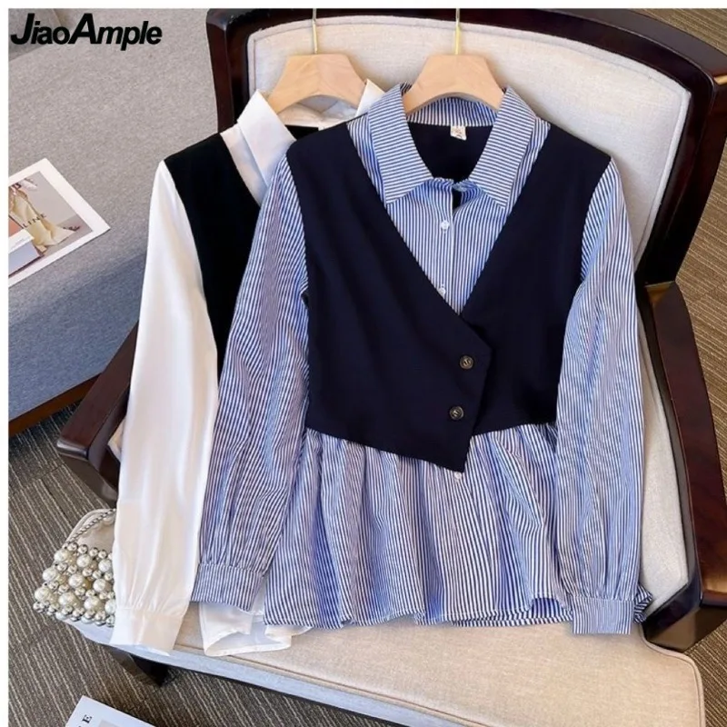 Women's Spring Autumn Fake Two Piece Stripe Polo Shirts Lady Falls Casual Joker Long Sleeve Blouse Fashion Patchwork Tops Female