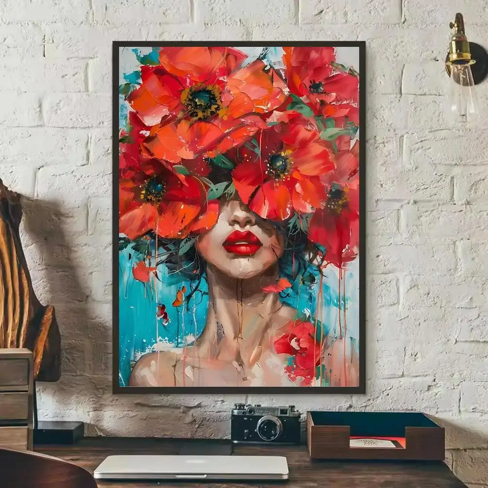 Floral Girl Portrait Poster HD Wall Art Print,Self-adhesive Poster Sticker,Aesthetic Home Decor