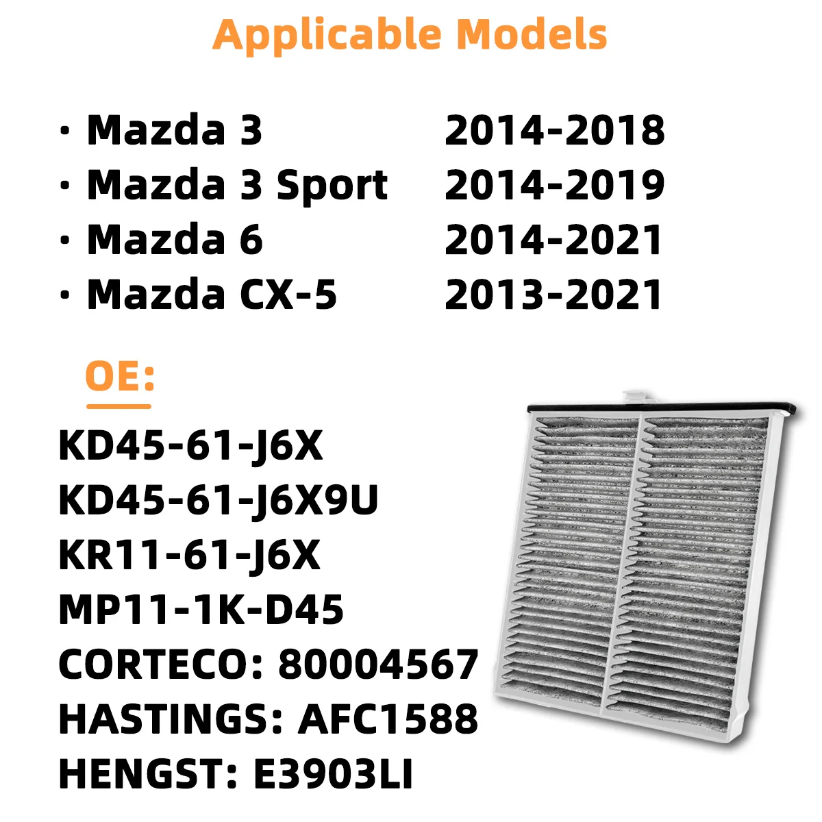 Aktivkohle-Innenraumfilter für Autos, effektive Filtration, passend für Mazda 3 Sport 6 CX-5, KD45-61-J6X, MP11-1K-D45, CAF1907P, 042-2217 – Detail 5