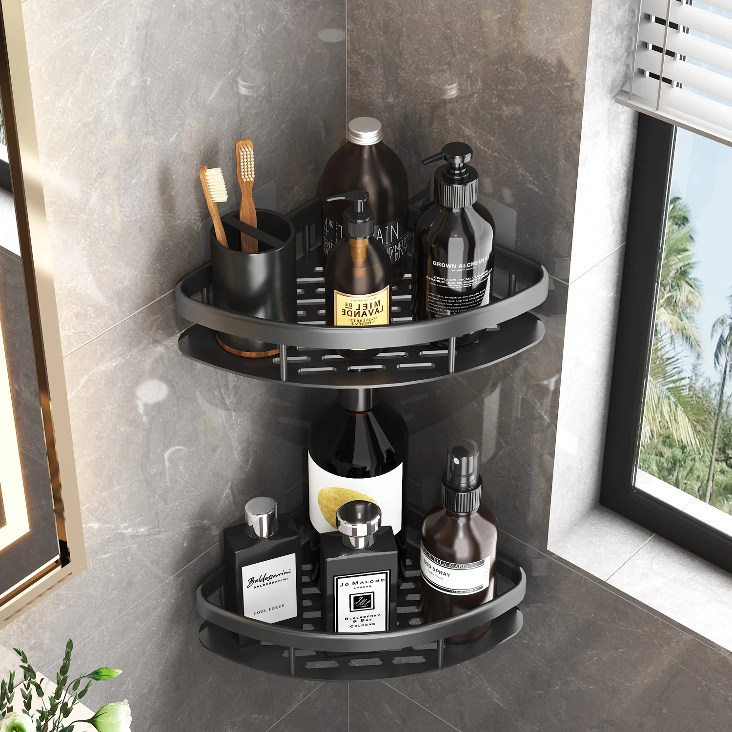 Modern, Sleek and Contemporary Bathroom Corner Shelf with Stylish Shower Holder Rack - Wall Mount Shelves for WC Shampoo Organiz