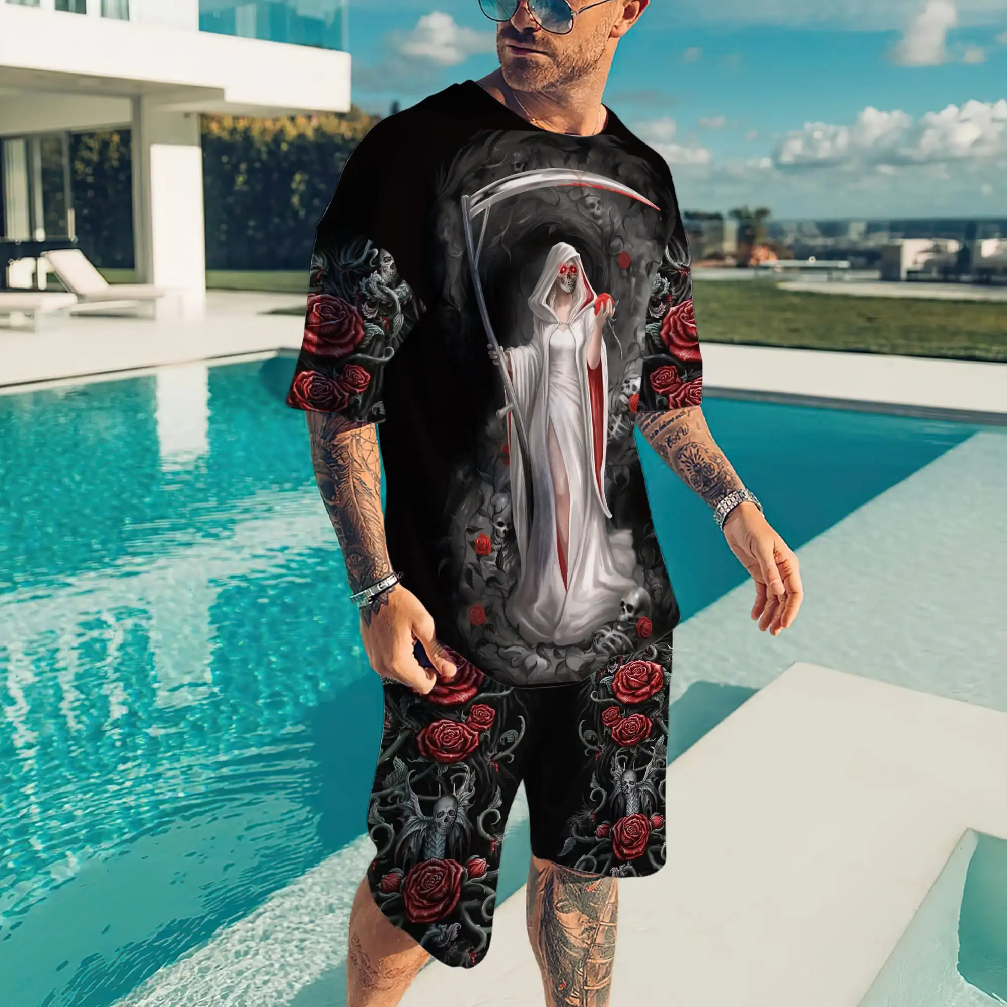 

Drop shipping Skull Girl And Rose 3D All Over Printed Men's Set T-Shirt & Shorts Combo Unisex summer style Casual t shirt LMTZ10