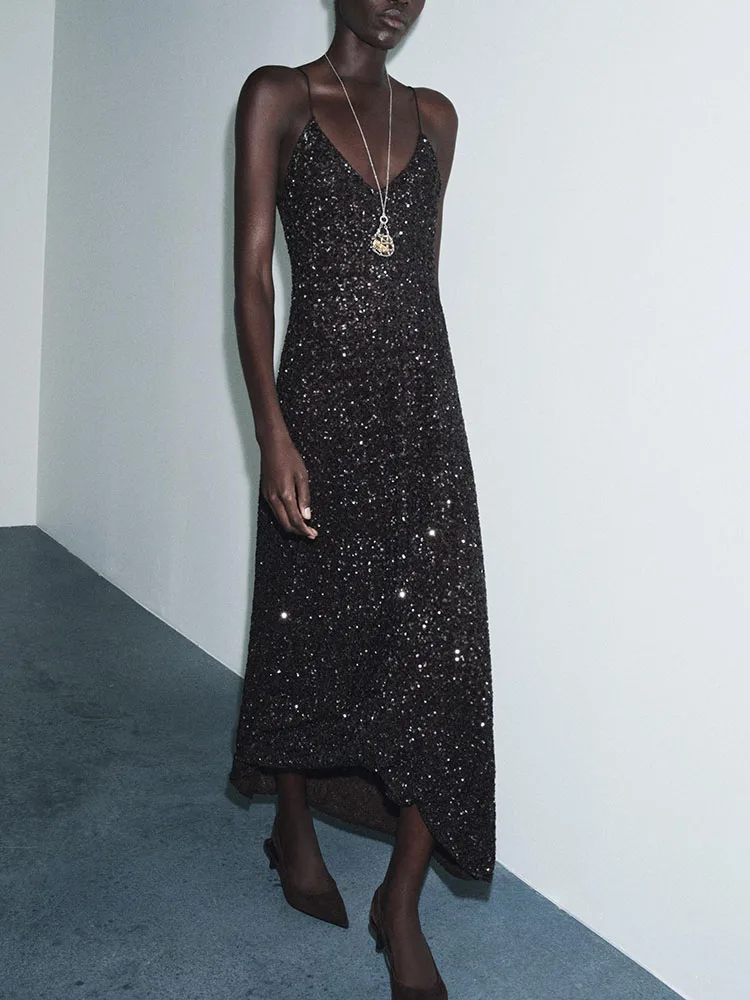 Luksusowa zimowa nowa codzienna sukienka z koralikami, długa, damska, elegancka, bez rękawów, regularna, długa spódnica, modna.