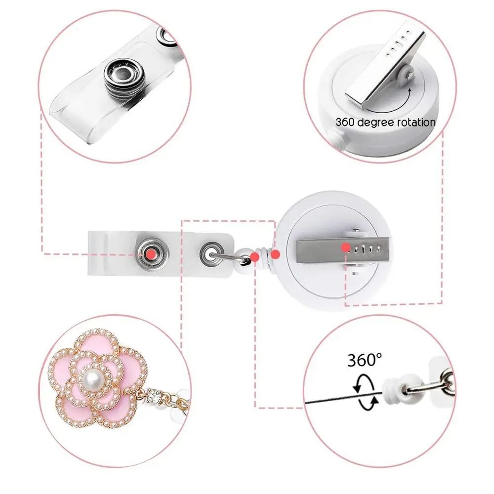 Elegant Nurse Badge Reel Pearl Floral 360 Rotation Retractable Badge Holder Alligator Clip Work Card Easy Pull Buckle