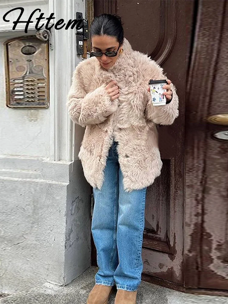 Casual Faux Fur Solid Women Coat Solid Single Breasted Stand Collar Pocket Female Outwear 2025 Autumn Winter Lady Streetwear New