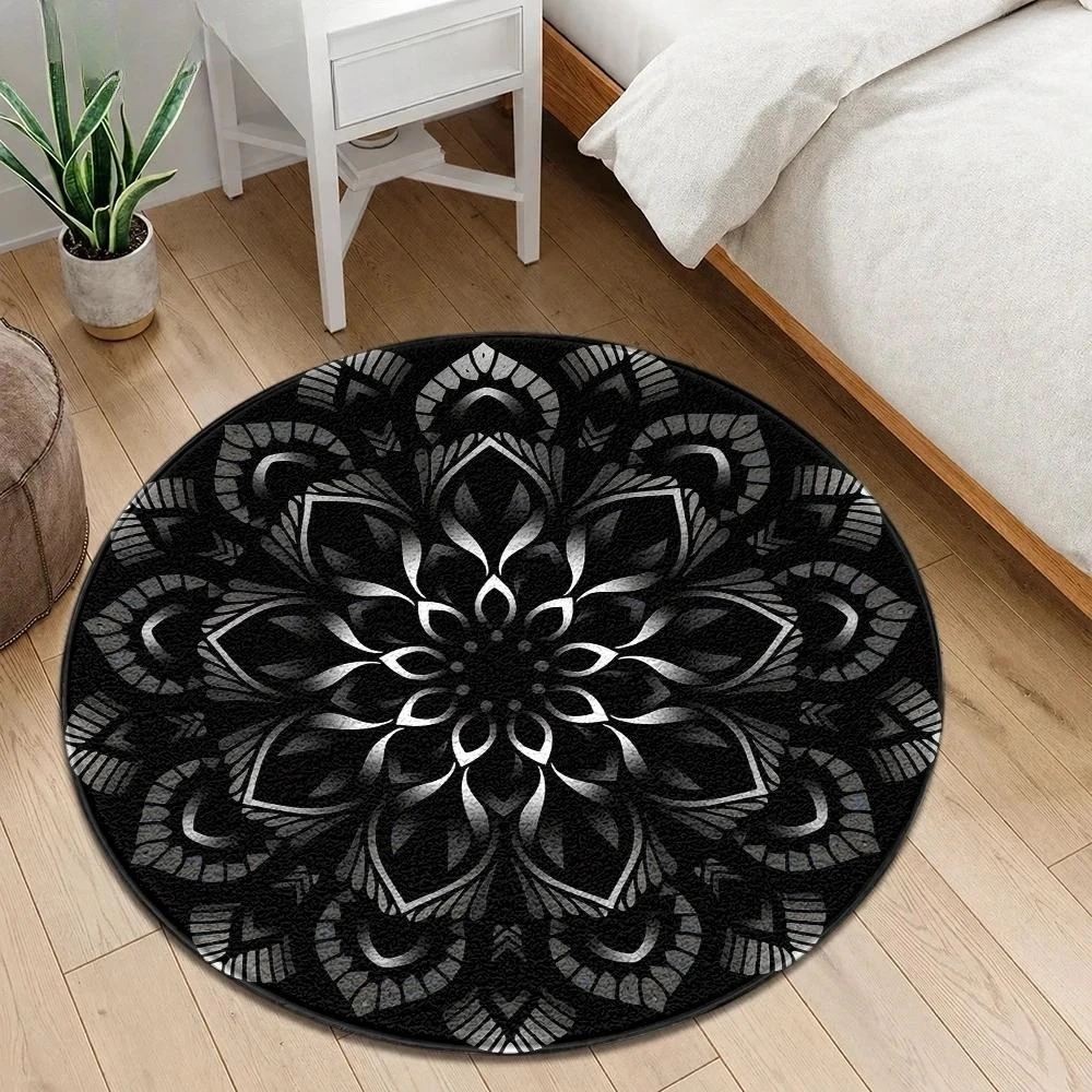 Black White Mandala Floral Round Rug  Boho Ethnic Circular Mat Non Slip Vintage Meditation Floor Carpet for Living Bedroom