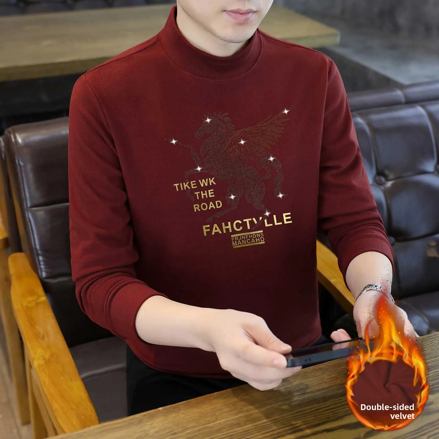 

Faionable Double-Faced Velvet Long-Sve f-High Collar Men's Base irt Warm T-irt with Rhinestones Peg Design Ca...