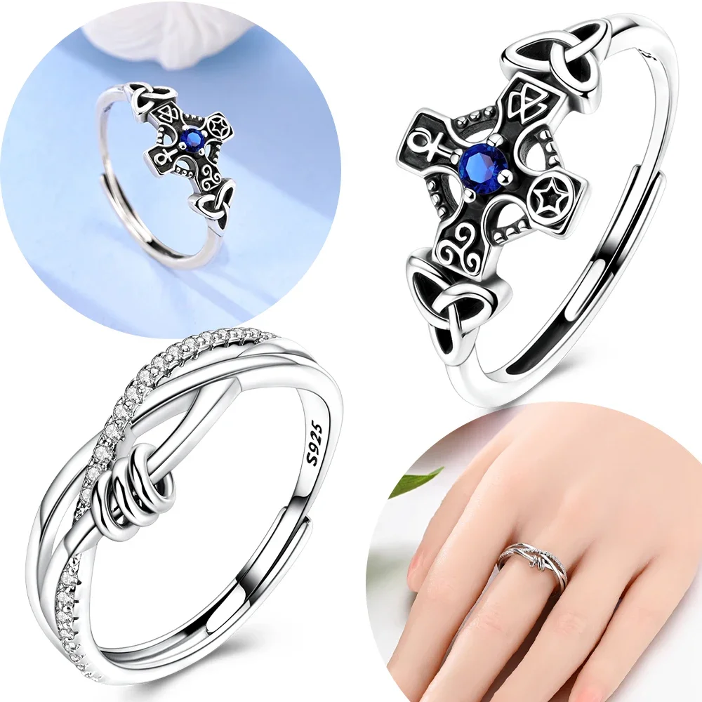 

Оригинальное темно-синее кольцо с крестом из циркона, стерлинговое серебро S925, открытое кольцо с кельтским узлом и звездой, юбилейное ювелирное изделие, подарок, нежный аксессуар