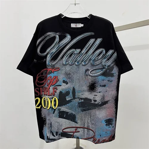 Camisetas negras con estampado de coche VALLEY para hombre y mujer, ropa de calle americana de algodón puro de alta calidad 1:1, Top de manga corta de gran tamaño