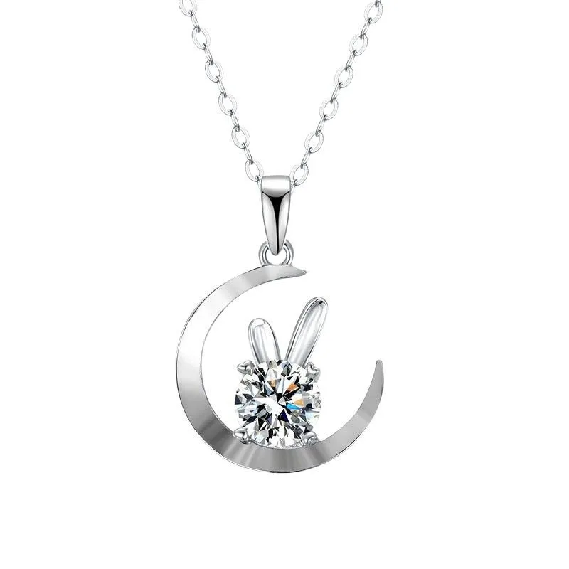 1.0CT 925 Sterling Silver Rabbit Moon Pendant Necklace D VVS1 Round Cut Moissanite Charm Necklace For Women