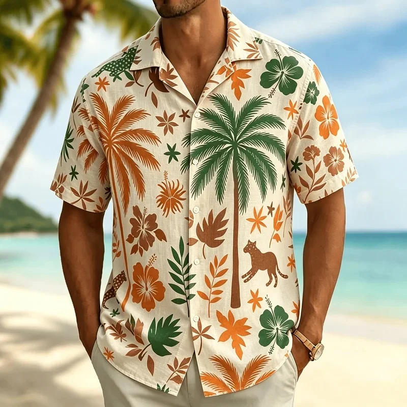 Men's Tropical Parrot & Leopard Print Short Sleeve Shirt, Beige Base Accents, Casual Hawaiian Top for Spring & Summer