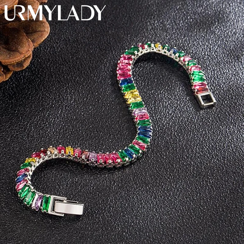 

URMYLADY 925 Sterling Silver Bracelet Chain Light Luxury Color Crystal Hand Jewelry For Women Charm Wedding Gift Girl Party 18cm