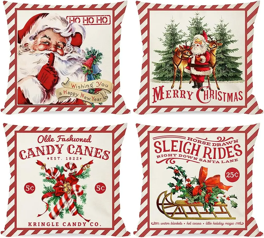 Vintage Christmas Pillow Covers 18x18 Set of 4 for Christmas Decorations Red Retro Christmas Santa Trees Candy Cane Sleigh Rides