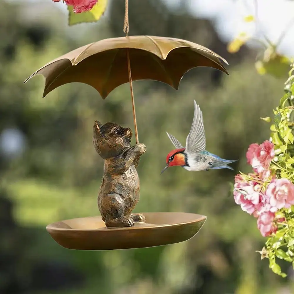 Metal Hummingbird Bird Feeder with Umbrella Cute Squirrel/Cat/Dog Holding Umbrella Design Bird Feeder for Garden Yard Decoration