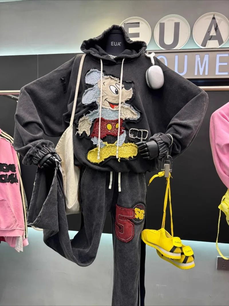 Sweet Cute New Heavy Embroidery Cartoon Hooded Sweatshirt Ladies Casual Loose Fashion Slimming Top Sudaderas Streetwear Women